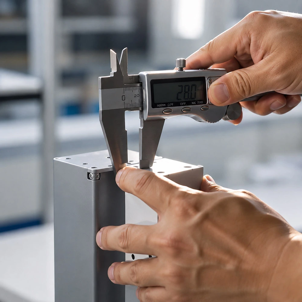 incoming metal component measured with a digital caliper before production